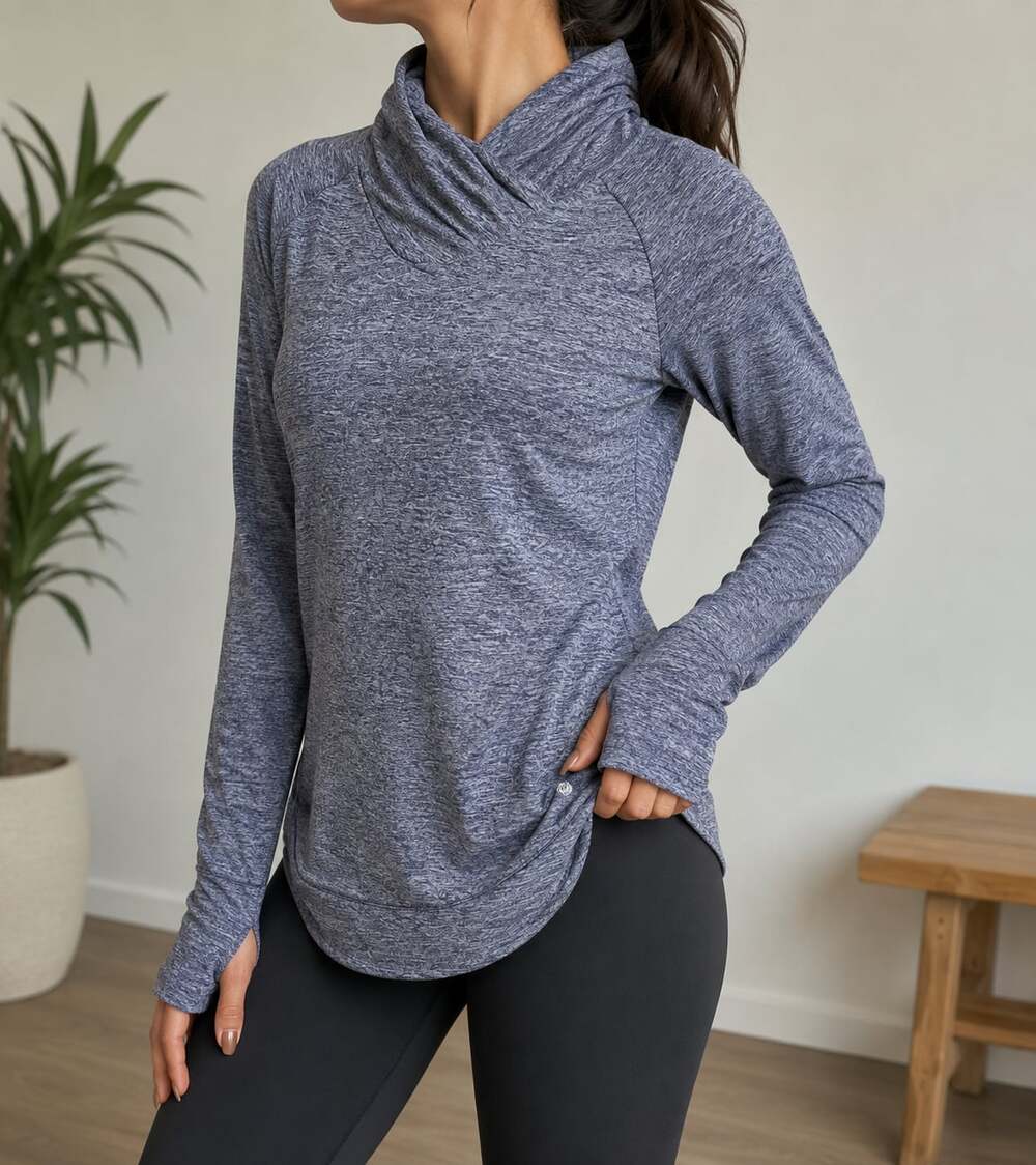 Apana Women's Heathered Blue Cowl Neck Long Sleeve Yoga Pullover with Thumbholes